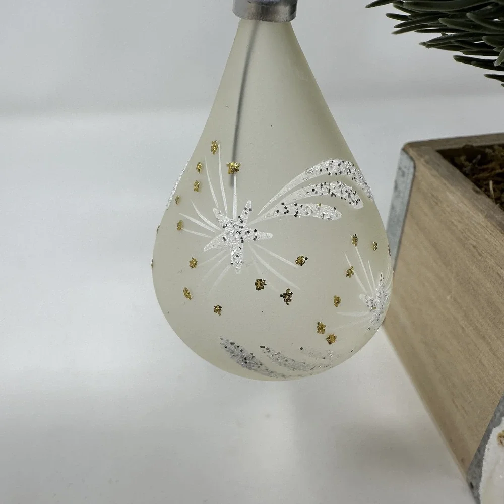 Vintage Glass Christmas Teardrop Ornaments Glitter Star Flower Set 4 Holiday Dec